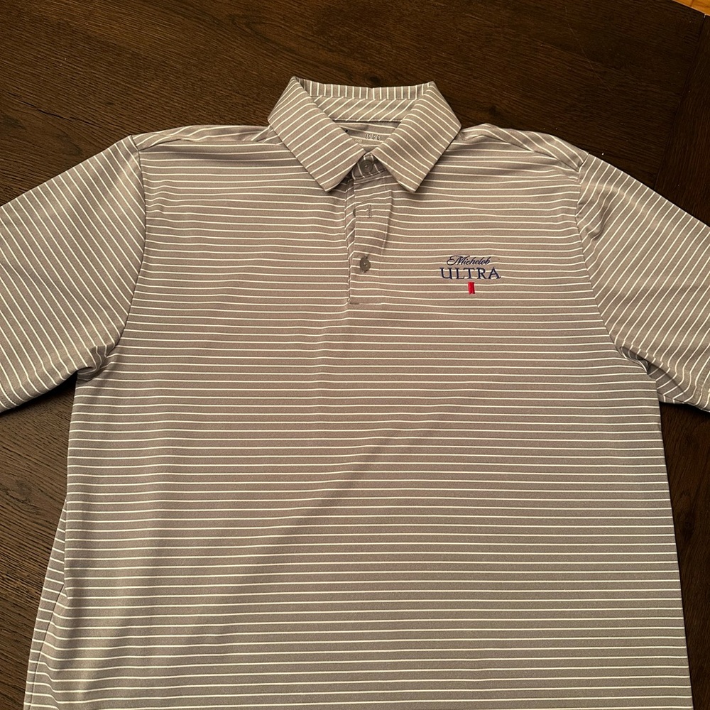 LG Gray and White Striped Polo Shirt